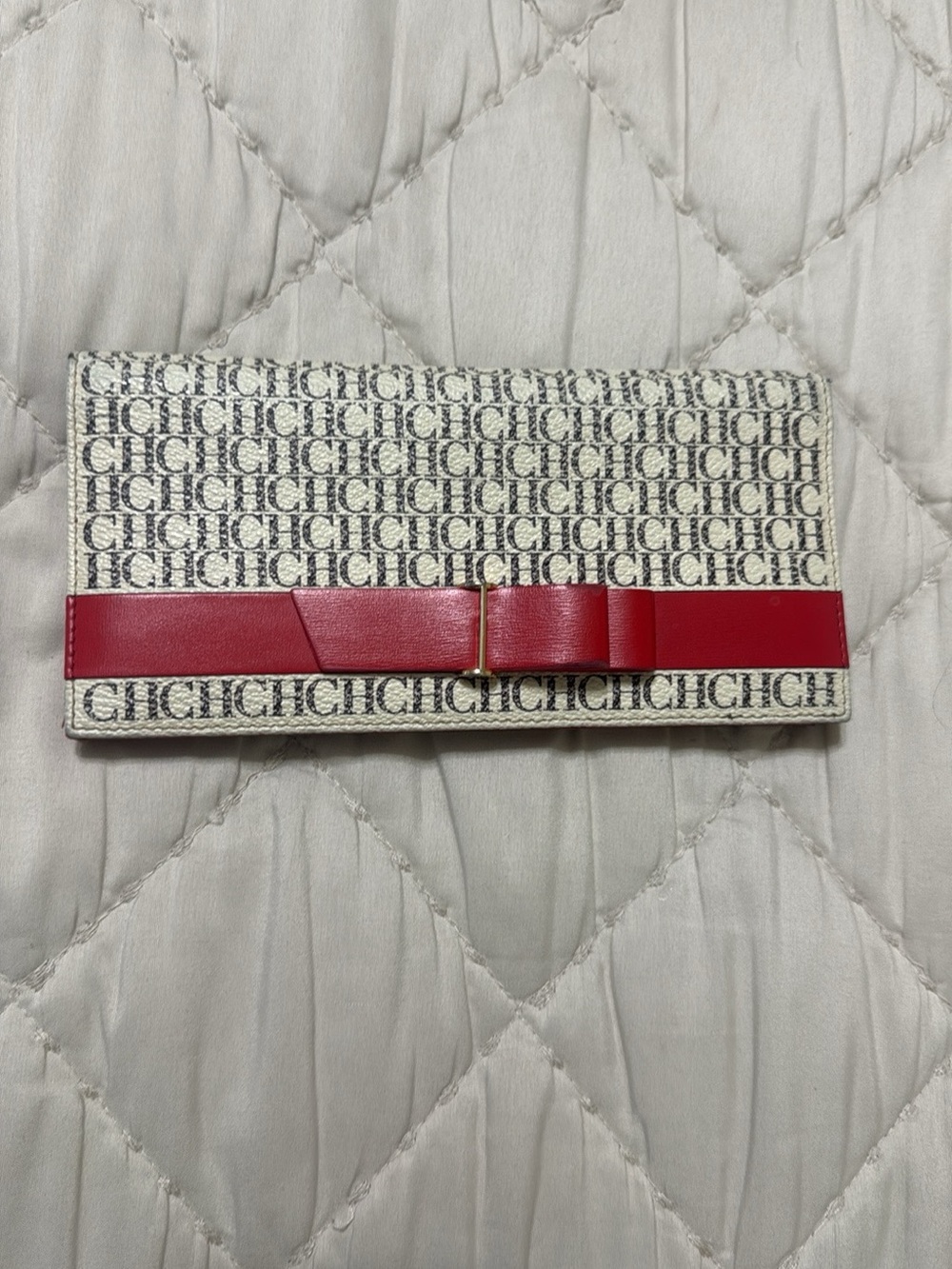 Carolina Herrera Cream Black Monogram Wallet with Red Trim